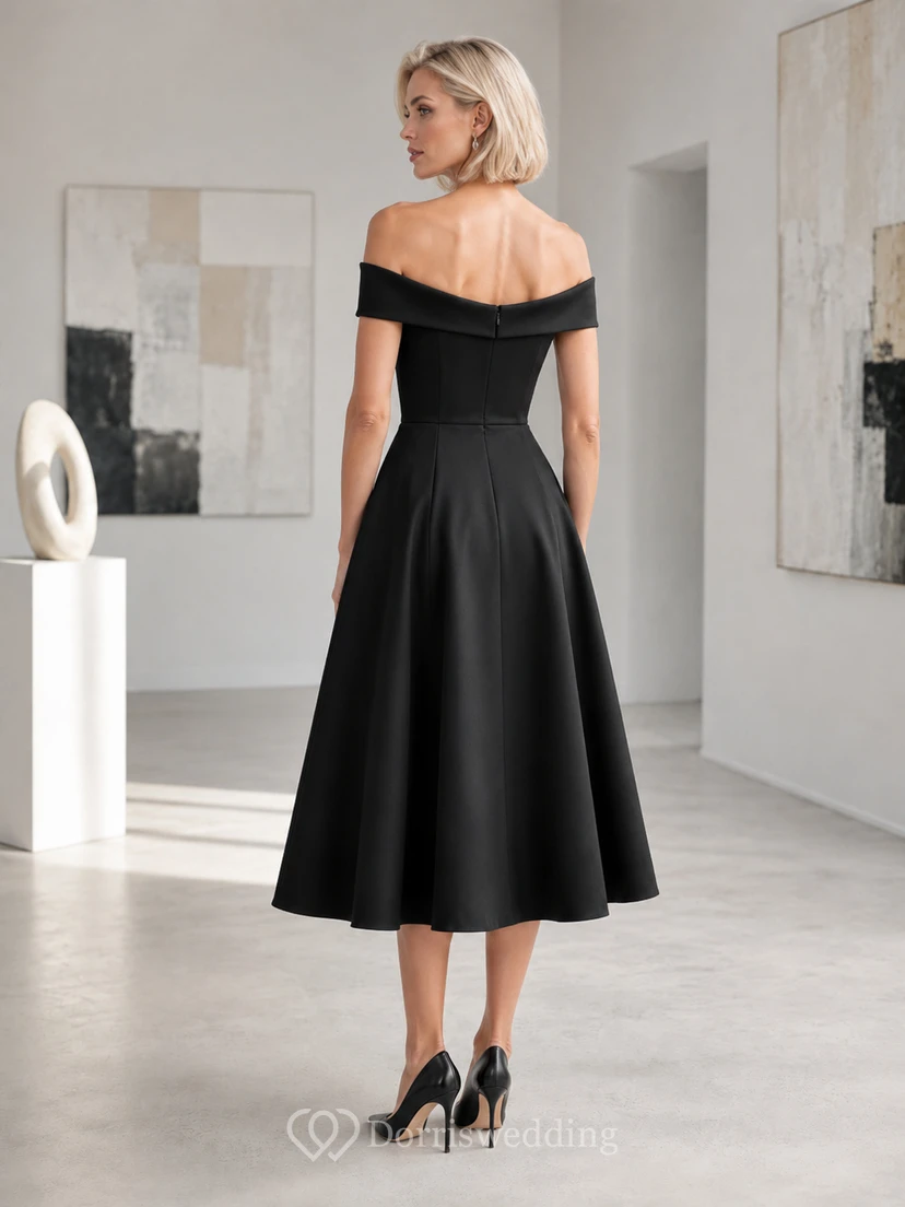 Black Salon A-Line Tea-Length Off-Shoulder Short-Sleeve Satin Vintage Guest Dress view 2