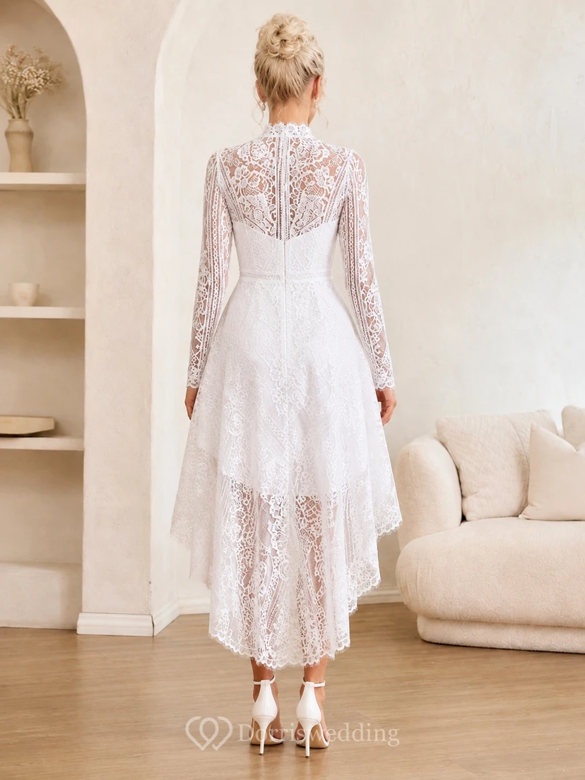 V-Neck Long Sleeve Lace Tulle A-Line High-Low Wedding Dress view 2