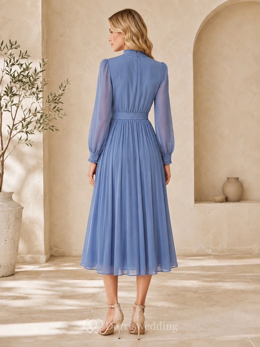 Modest Steel Blue High Neck Long Sleeve Chiffon Pleated Tea-Length A-Line Dress view 2