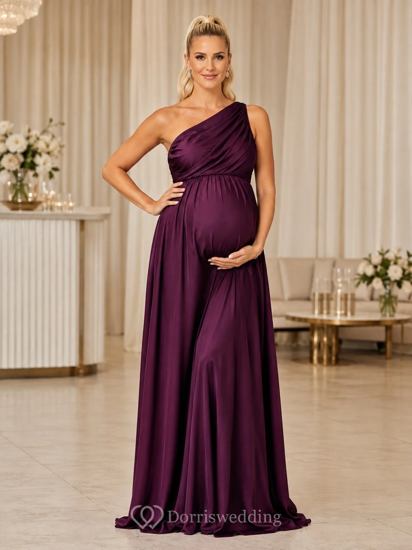 Maternity One Shoulder Satin Empire Floor Length Elegant Formal Dress