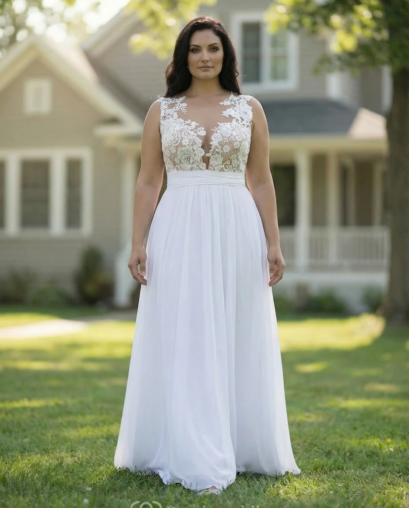 Sheer Bateau Neck Plus Size Wedding Gown