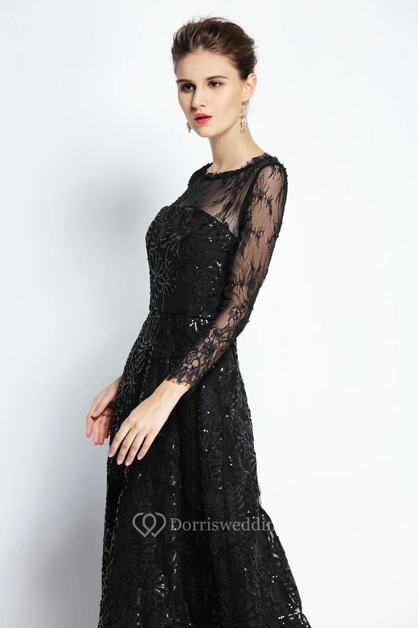 A-Line Floor-length Bateau Scalloped Lace Long Sleeve Prom Dress with Sequins view 4