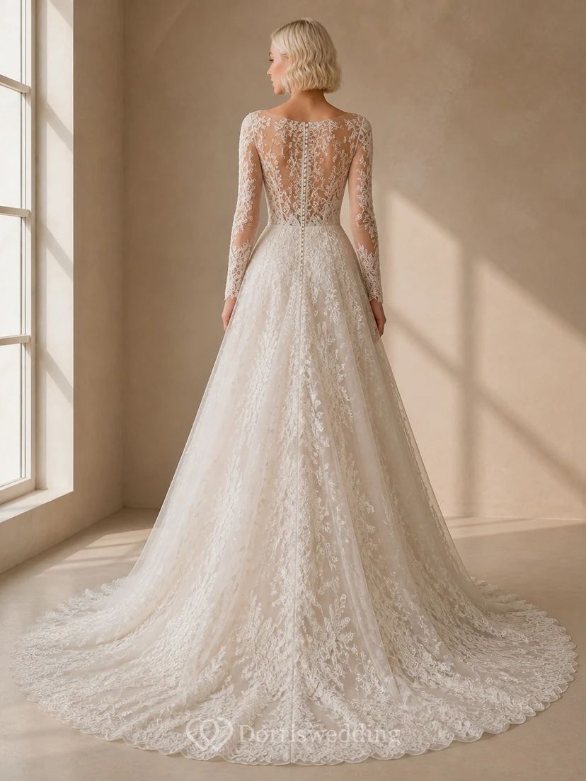 Vestido de novia de capilla de manga larga con encaje floral para novias mayores y modestas view 2
