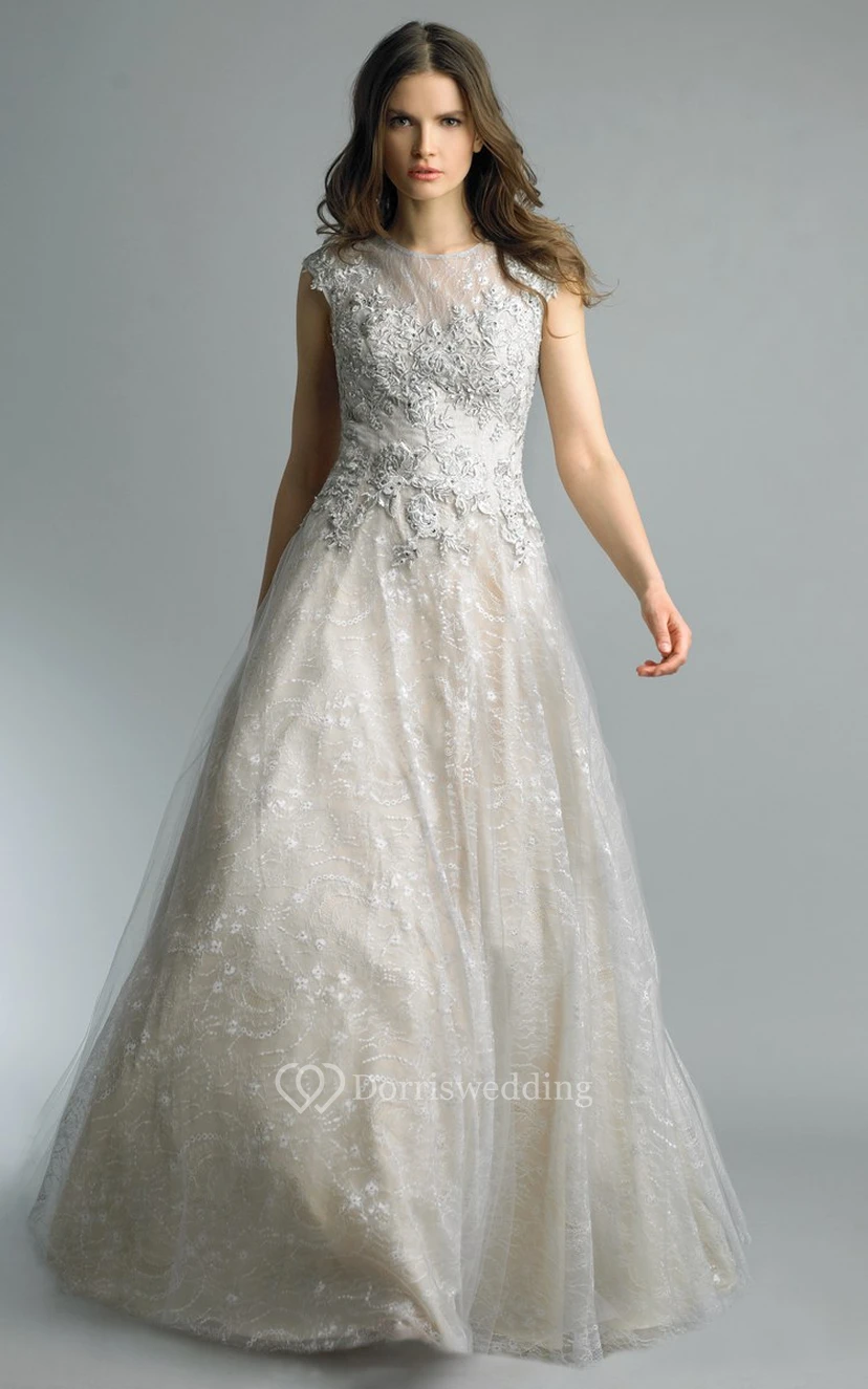 A-line Floor-length High Neck Short Sleeve Lace Illusion Dress view 9