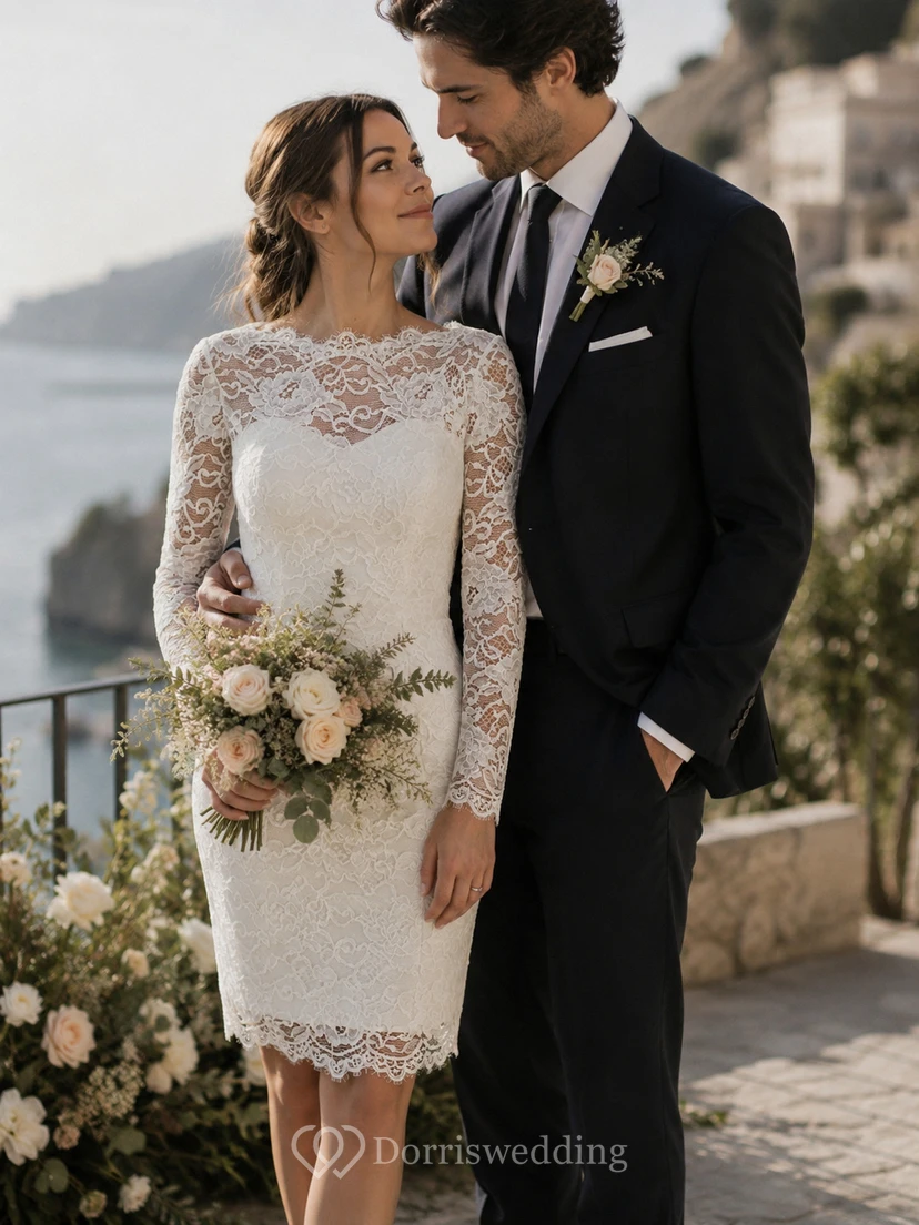 Robe de mariée courte en dentelle blanche | Robe de mariée décontractée longueur genou avec manches view 3