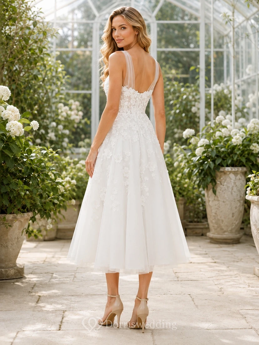 Civil Tea-Length Spaghetti Lace Tulle A-Line Floral Applique Wedding Dress view 2