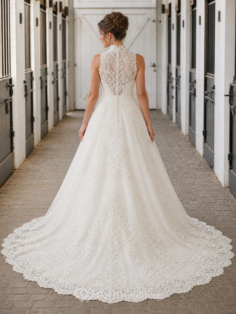 Vestido de novia modesto sin mangas, corte A, cuello halter alto, encaje y cola catedral. view 2