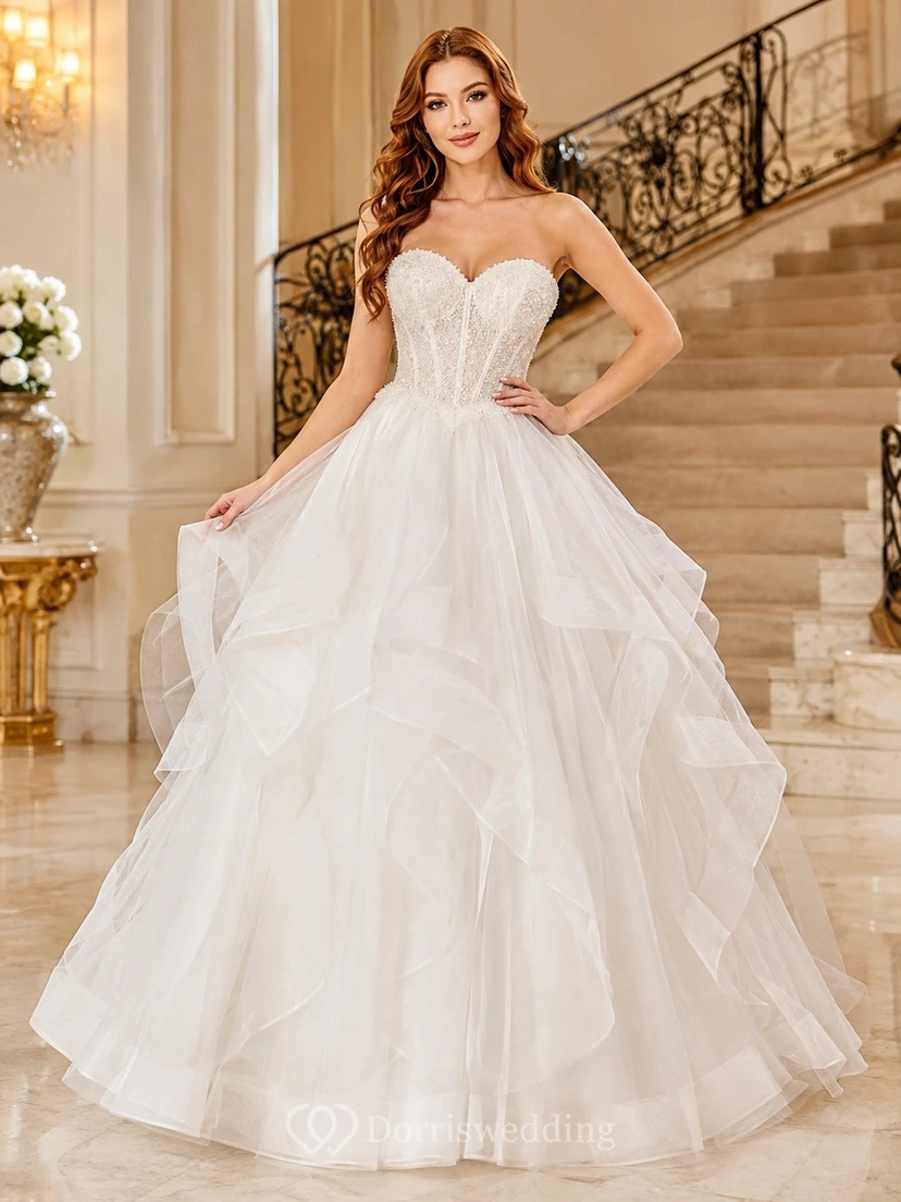 Layered Tulle Sweetheart Tiered Ball Gown Floor-length Prom Dress