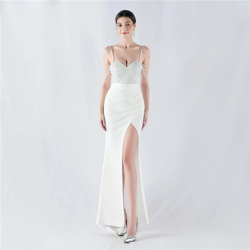 Hot Diamond Beaded High-Slit Satin Sexy Sling Evening Dress view 32