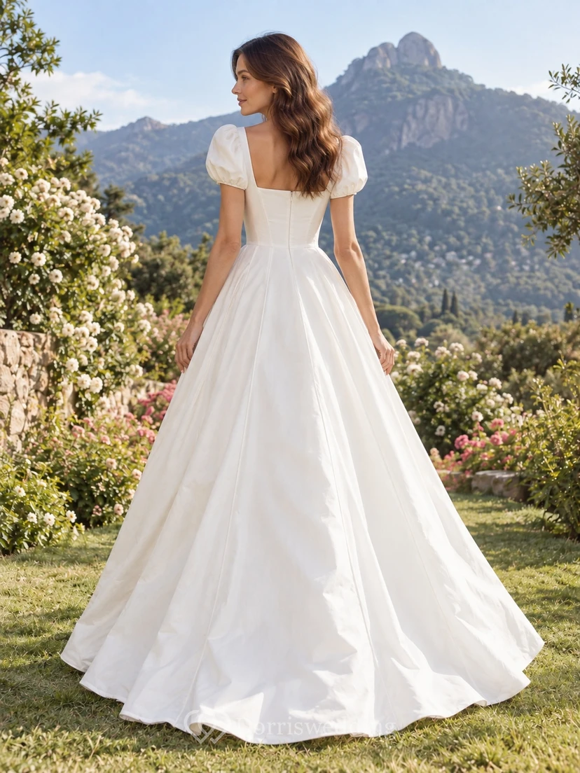 Einfaches Brautkleid aus Satin mit quadratischem Ausschnitt, kurzen Puffärmeln und A-Linien-Schnitt view 2