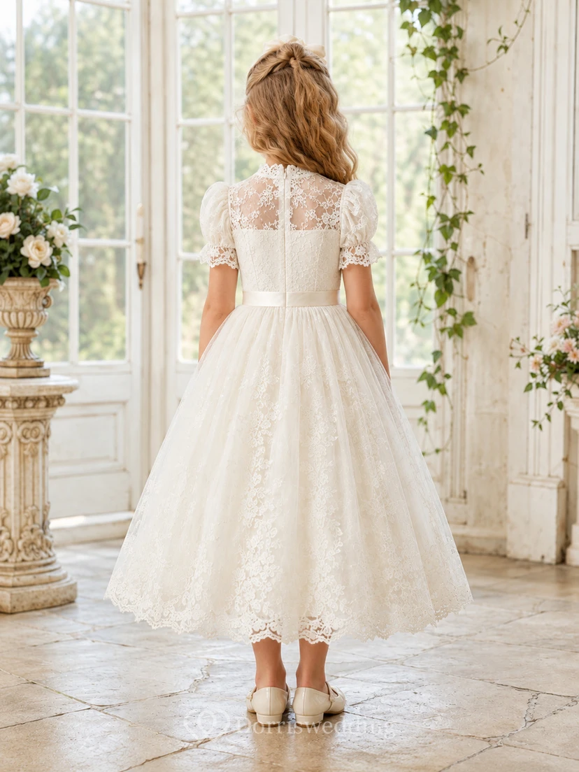 Flower Girl Dress Ivory Lace Tulle A-Line Short Sleeve Scoop Neck Tea Length Sash Detail view 2