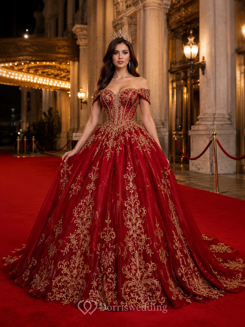 Red Theater Off Shoulder Gold Embroidered Quinceanera Princess Red Carpet Sweep Train Gown