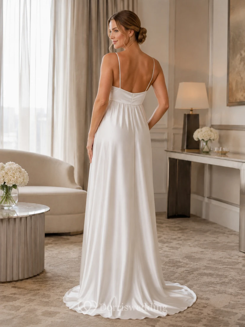 White Maternity Cowl Spaghetti Satin Empire Sweep Formal Dress Reception view 2