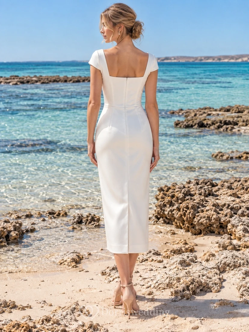 Schlichtes, teelanges Brautkleid aus Satin mit eckigem Ausschnitt und kurzen Ärmeln view 2