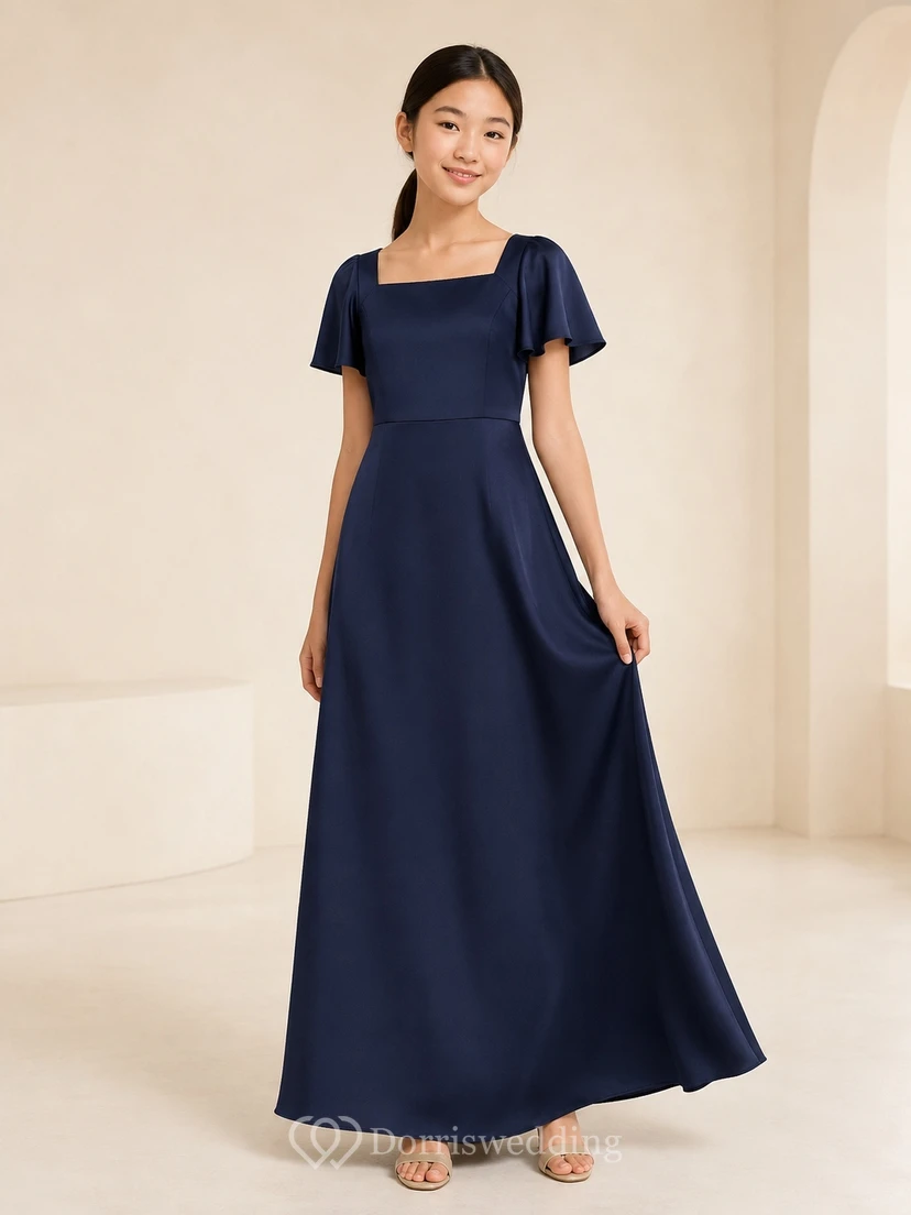 Minimalist Dark Navy Short Sleeve Satin Square A-Line Floor-length Junior Bridesmaid Dress