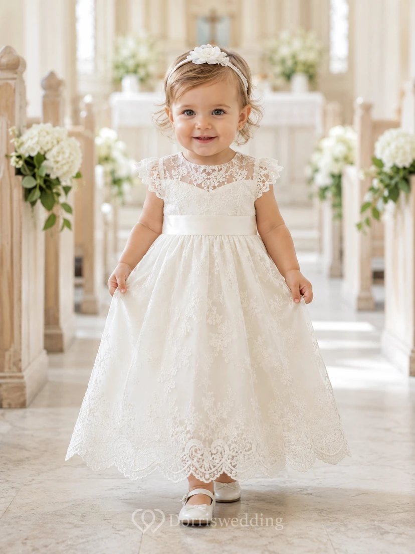 Scalloped Lace Hem Baptism Dress A-Line Tulle High Neck Sleeveless