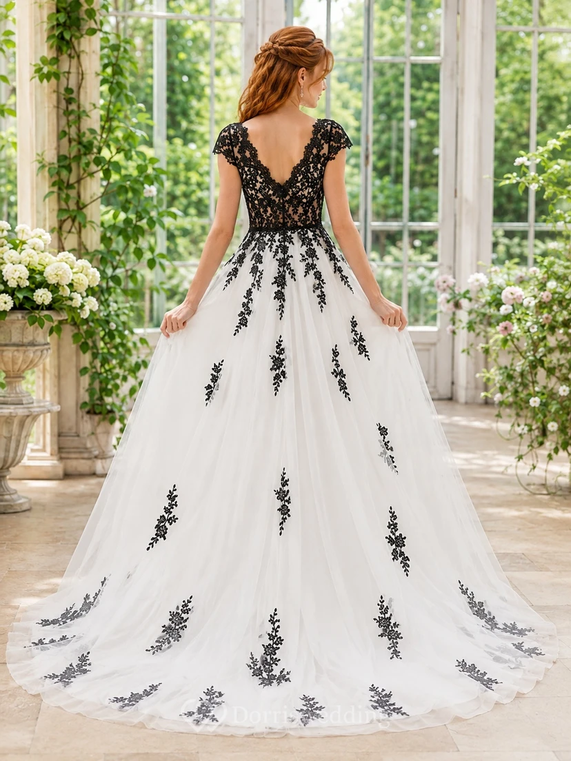 Black Floral Lace Short Sleeve V-neck A-Line Chapel Train Bridal Gown view 2