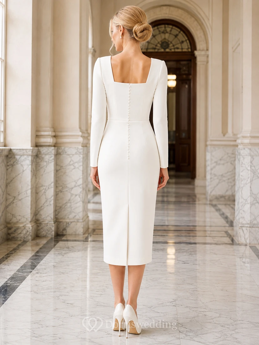 Robe de mariée civile simple, fourreau, manches longues, col carré, longueur thé, idéale pour une cérémonie au tribunal. view 2