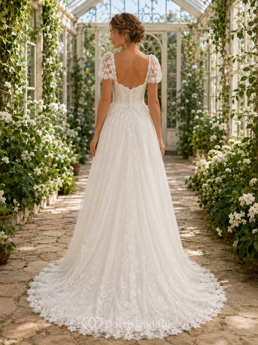Robe de mariée romantique longue jusqu'au sol, décolleté cœur, manches bouffantes, en dentelle, idéale pour une réception champêtre. view 2