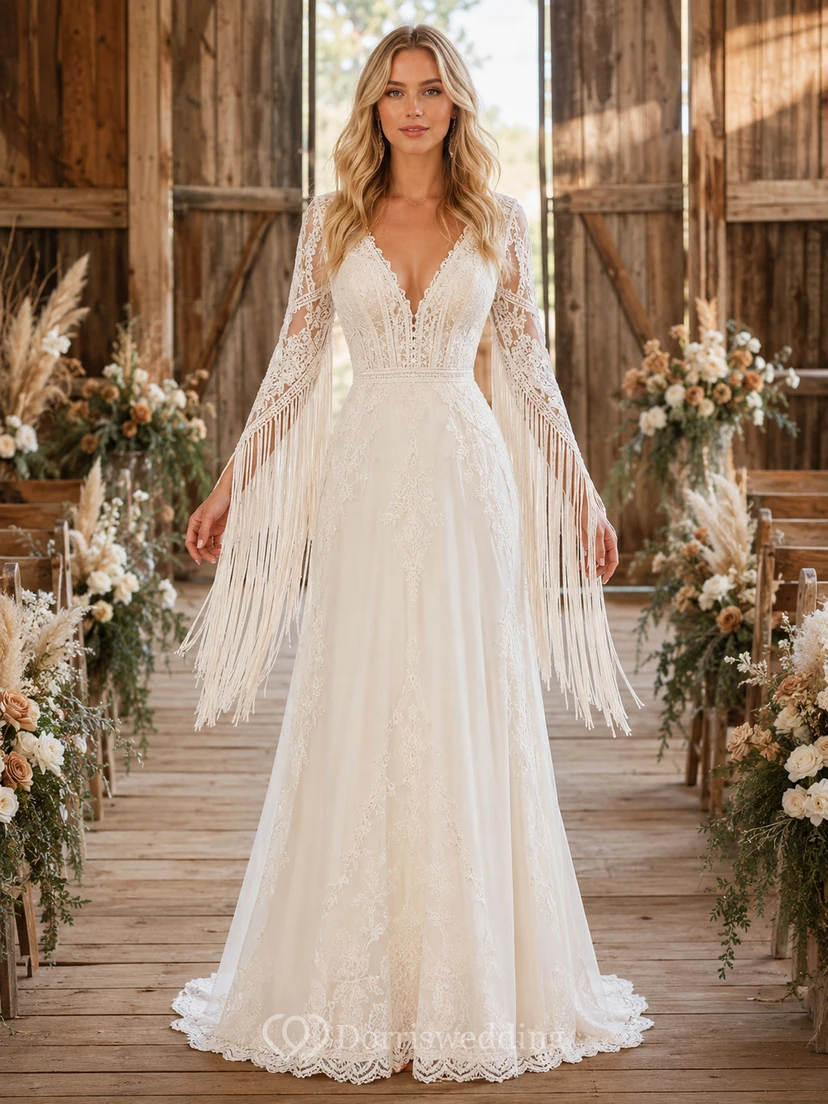 Vestido de novia bohemio rústico con mangas de flecos y encaje, corte en A