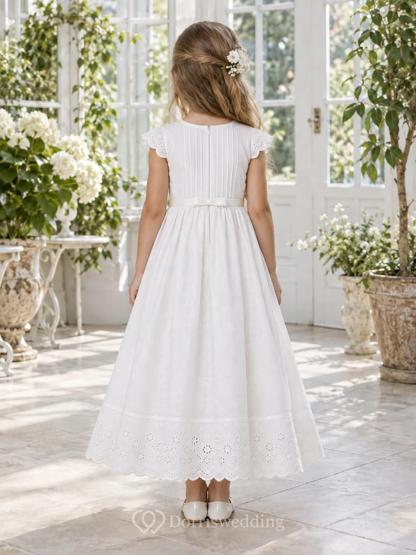 Vintage Country White Cap Sleeve Pintucked Lace Trim Linen Flower Girl Dress view 2