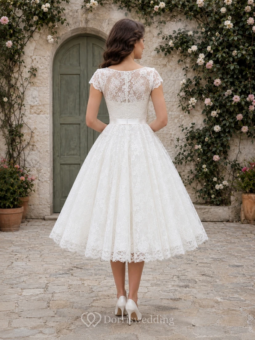 Vintage Sweetheart Cap Sleeve Lace A-Line Tea-Length Romantic Courthouse Wedding Dress view 2