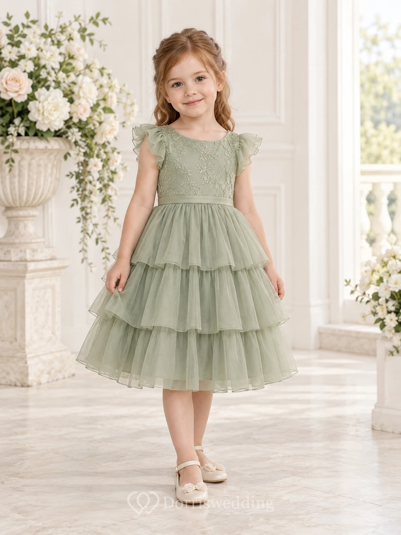 Teelanges, salbeigrünes, geblümtes Sommerkleid in A-Linie mit Tüllspitzenoberteil und flatternden Ärmeln für Blumenmädchen