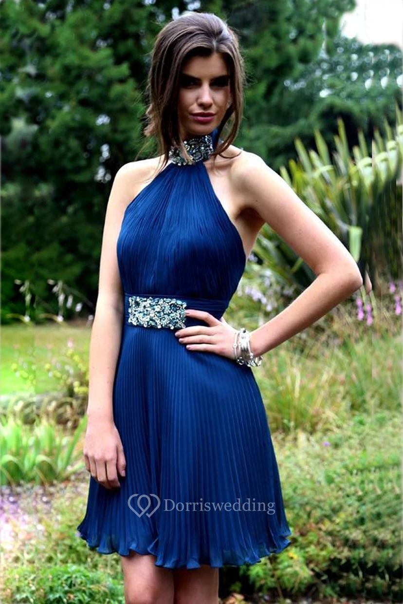 A-Line Mini Sleeveless Beaded High Neck Prom Dress With Backless Style And Pleats
