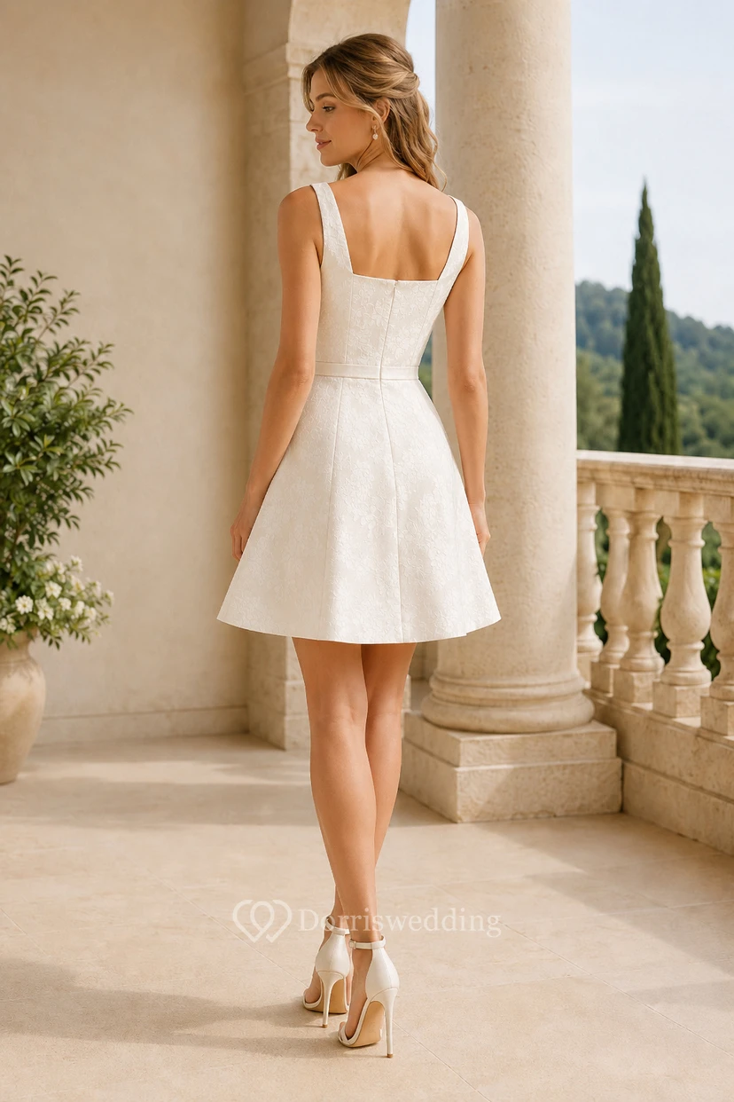 Robe de mariée courte trapèze en dentelle blanche à encolure carrée view 2