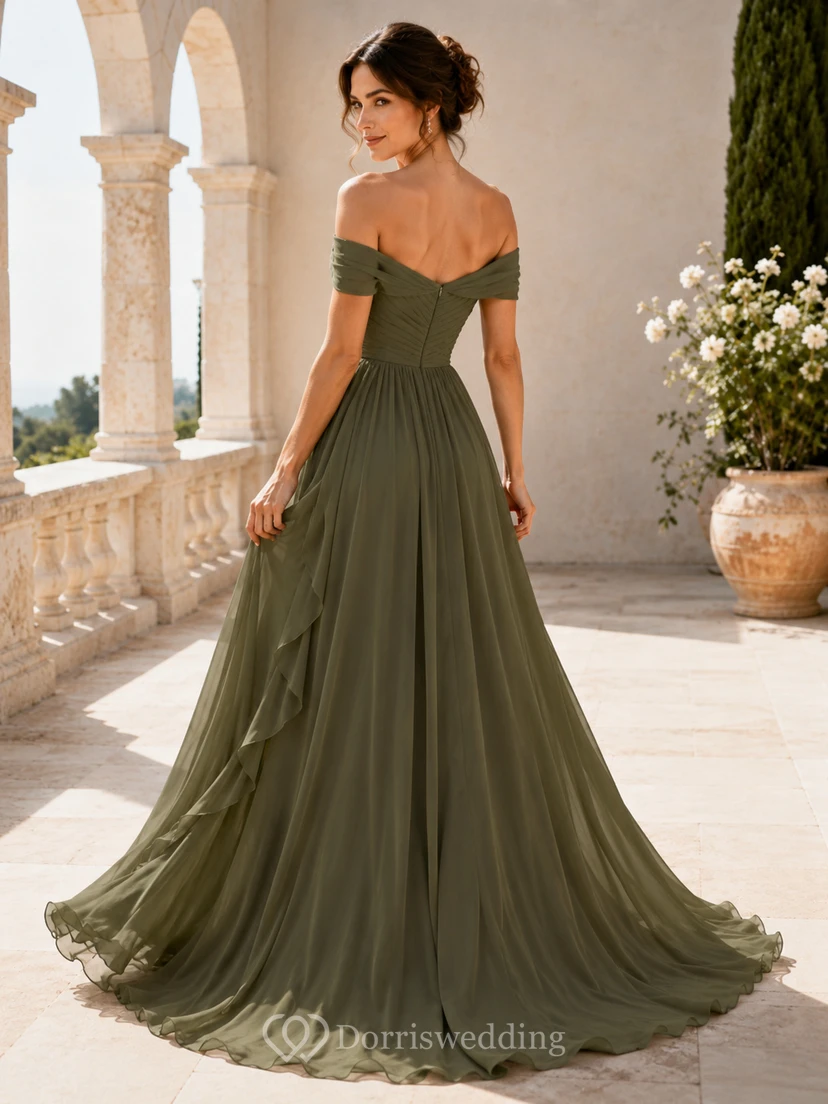 Olive Green Romantic Off Shoulder Chiffon A-Line Court Train Wedding Gown view 2