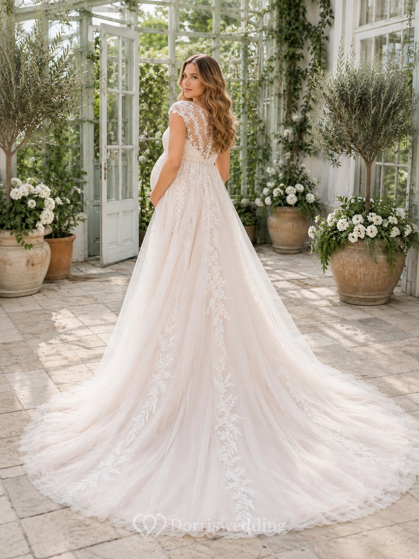 Umstands-Hochzeitskleid im A-Linien-Stil mit Spitze, kurzen Ärmeln und Greenhouse-Stil view 2