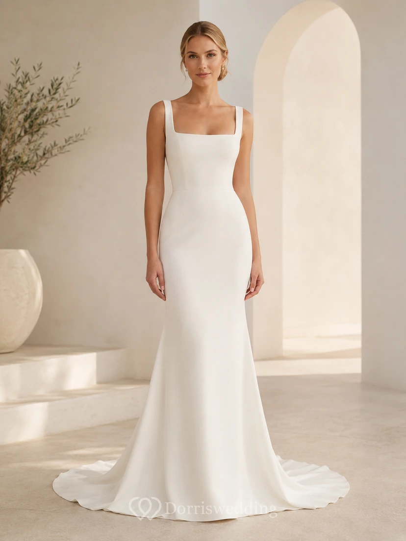 Robe de mariée sirène en satin stretch, col carré, sans manches, traîne.