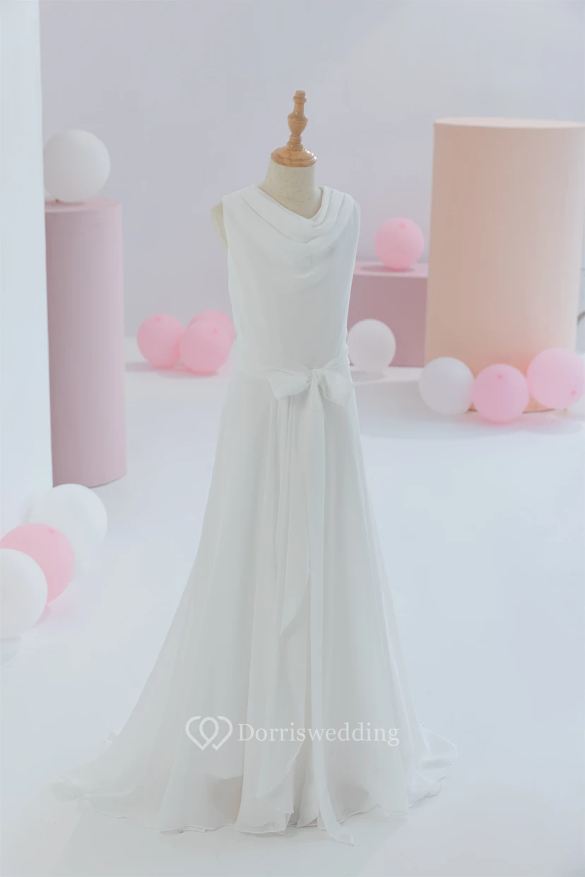 White First Communion Cowl-neck Sleeveless Floor-length Flowergirl Dress view 8