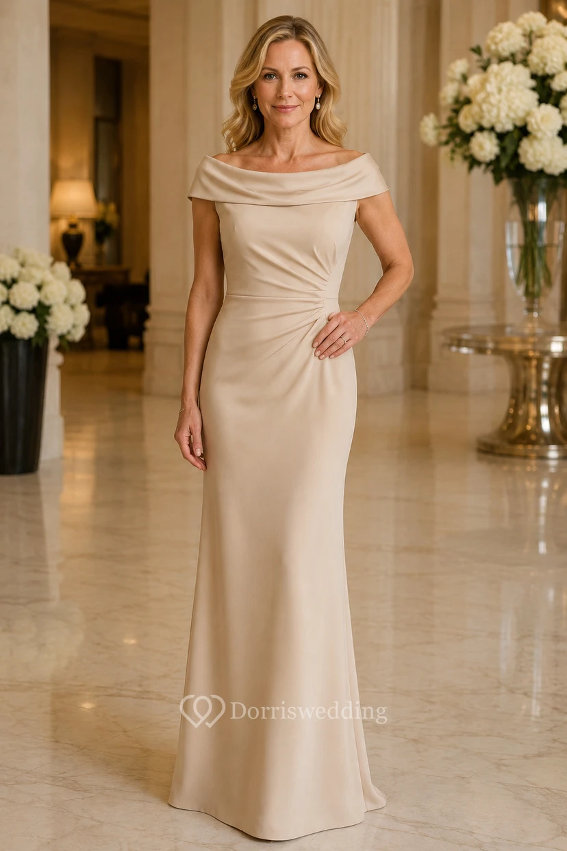 MOB-Kleid Champagnerfarbenes Satin-Meerjungfrauenkleid mit kurzen Ärmeln, schulterfrei, bodenlang und drapiert