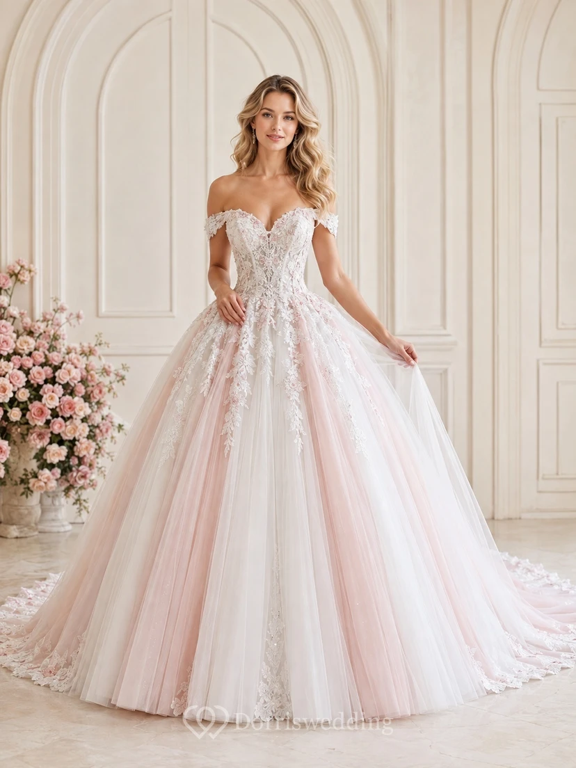 Rosafarbenes, schulterfreies Tüll-Ballkleid mit Herzausschnitt und Schleppe – ein perfektes Prinzessinnen-Hochzeitskleid