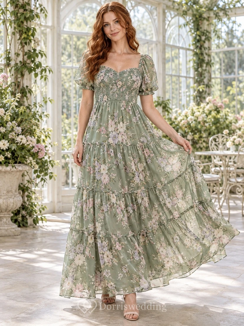 Vestido de fiesta de gasa de corte A con cuello cuadrado y mangas abullonadas, estampado floral verde salvia, largo hasta los tobillos.