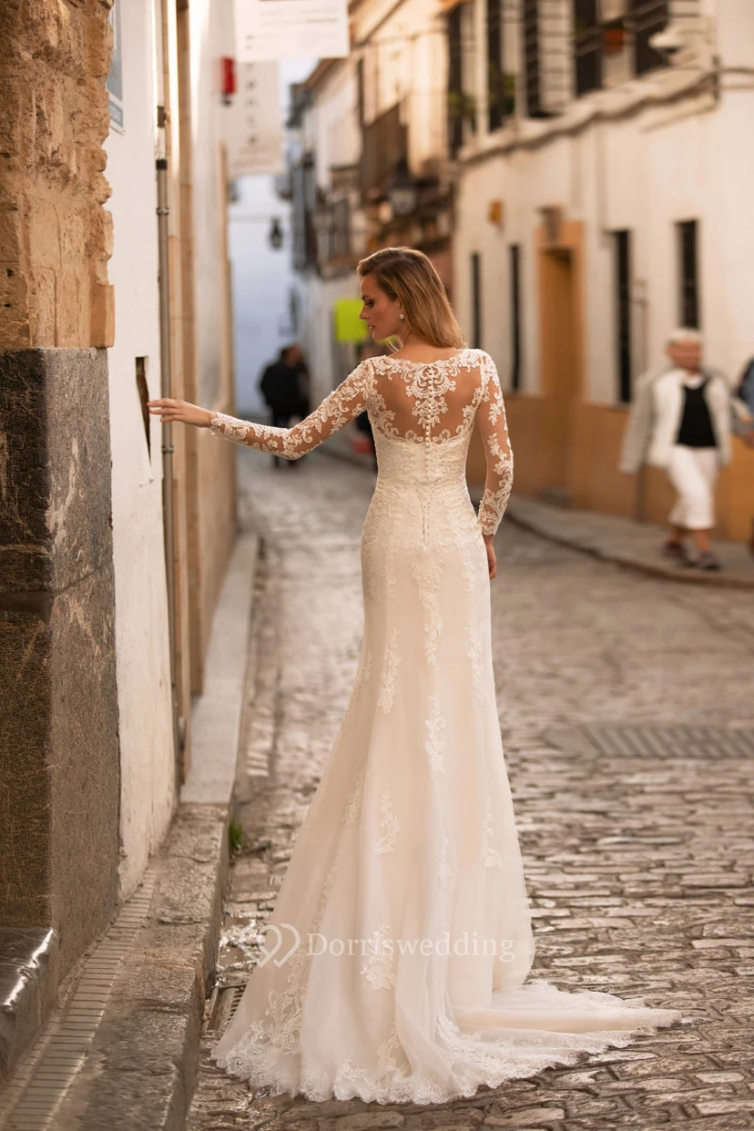 Elegantes, langes Etuikleid mit Illusion-Effekt und V-Ausschnitt für die Hochzeit view 2