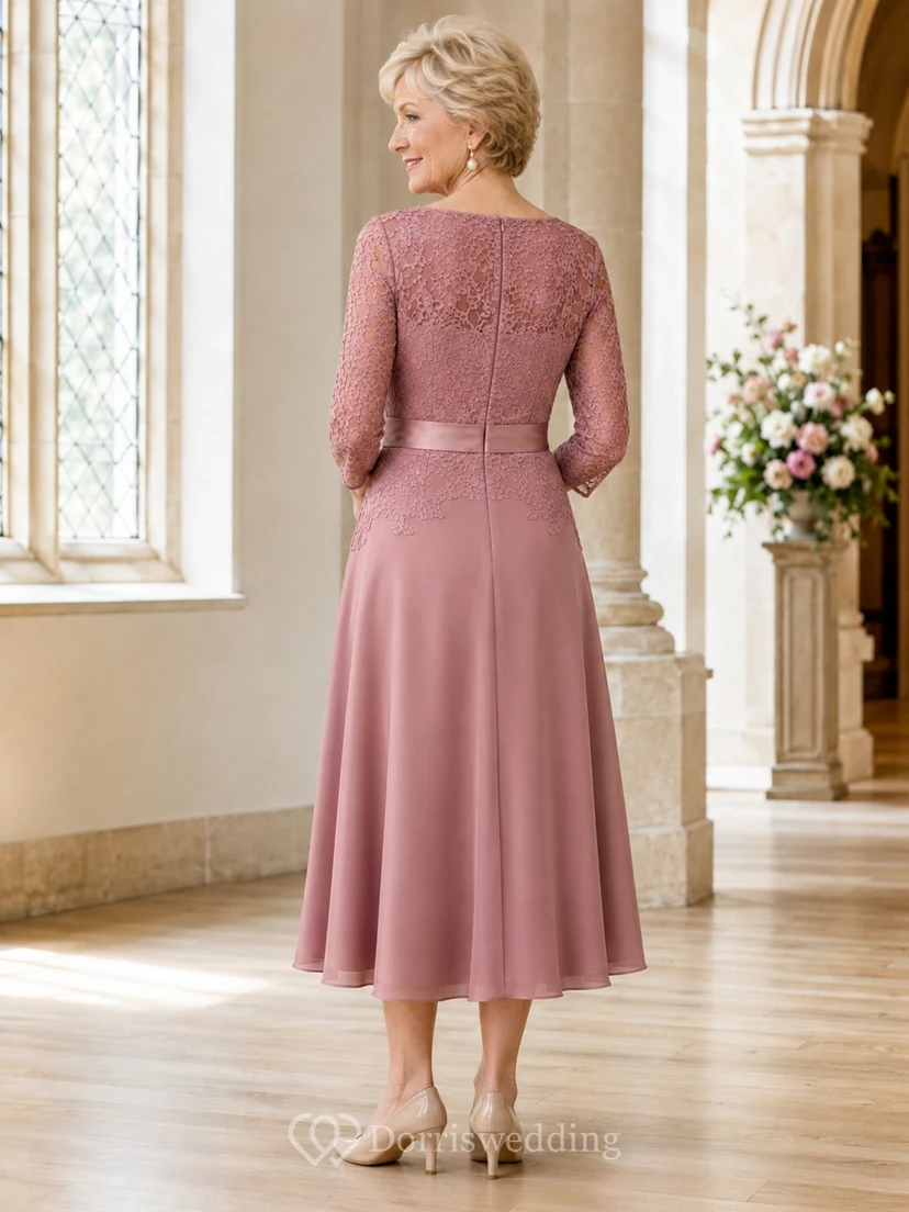 Altrosa Spitzenkleid mit Dreiviertelärmeln, Teelänge, A-Linie, schlichtes Mutterkleid view 2
