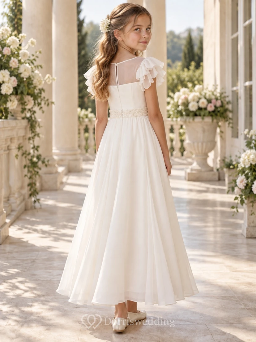 Ivory Illusion Neck Petal Sleeve Beaded Waist Georgette Flower Girl Dress view 2