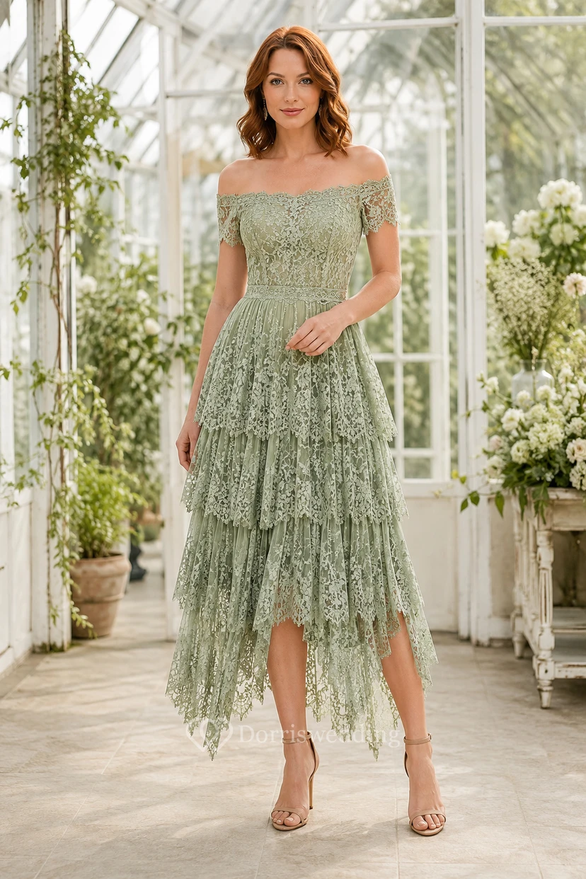 Wedding Guest Dress Sage Lace A-Line Off Shoulder Short Sleeve High Low