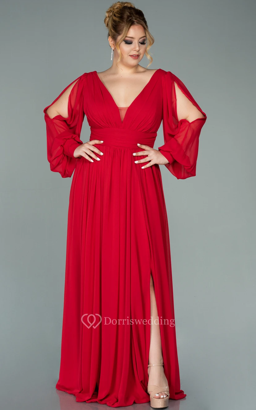 Vestido de noche de gasa con escote en V, manga larga, abertura frontal y pliegues, talla grande view 3