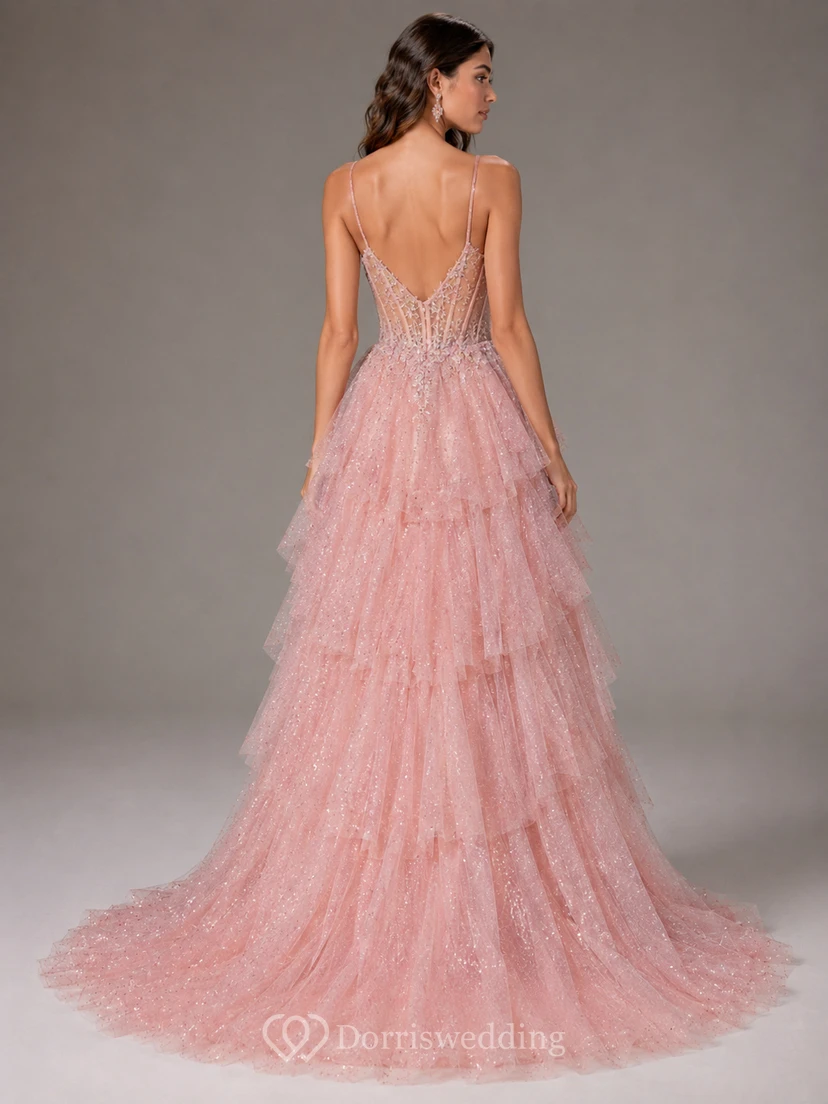 Blush Layered Tulle Ruffle Formal Gown with Split view 2