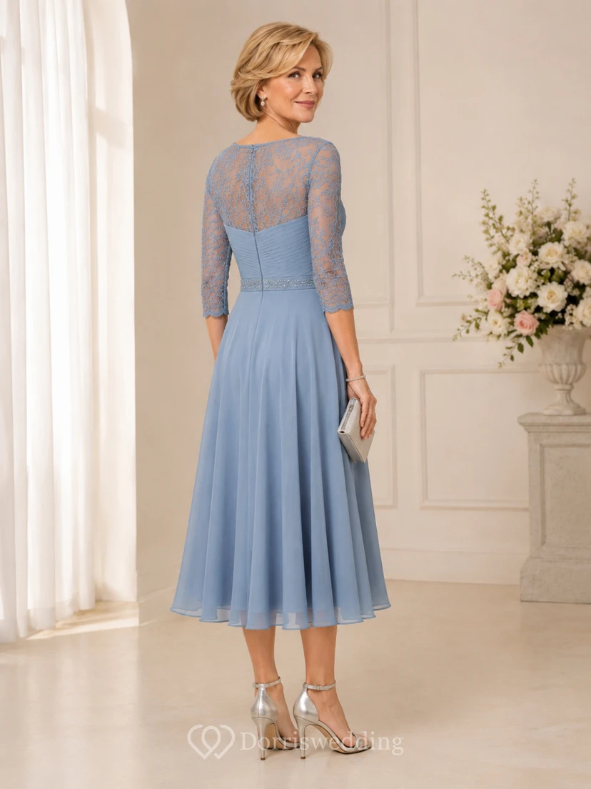 Steel Blue Jeweled Waist Tea Length Mother Dress Steel Blue Bateau Jewel A-Line Tea-length view 2