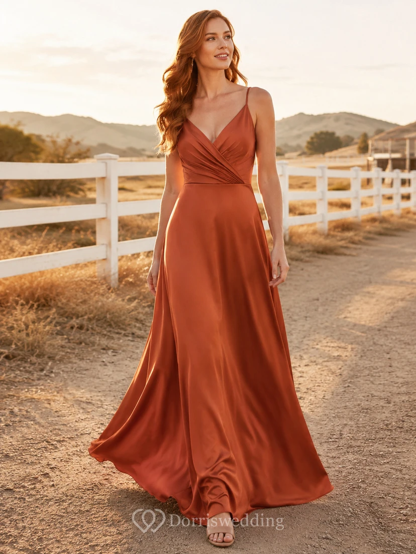 Terracotta Satin A-Line V-Neck Spaghetti Strap Draped Low Back Floor-Length Bridesmaid Dress