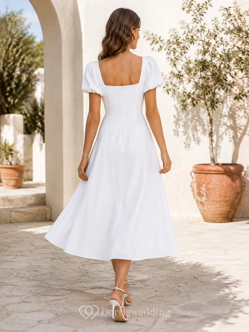 Courtyard Poise White A-Line Tea-Length Square Short-Sleeve Satin Simple Guest Dress view 2