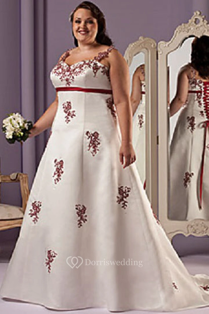 Red Appliqued A-Line Satin Bridal Gown With Lace Up And Sash