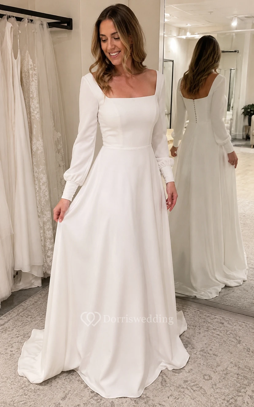 Weißes, eckiges Ausschnitt-Brautkleid mit langen Ärmeln in A-Linie view 6