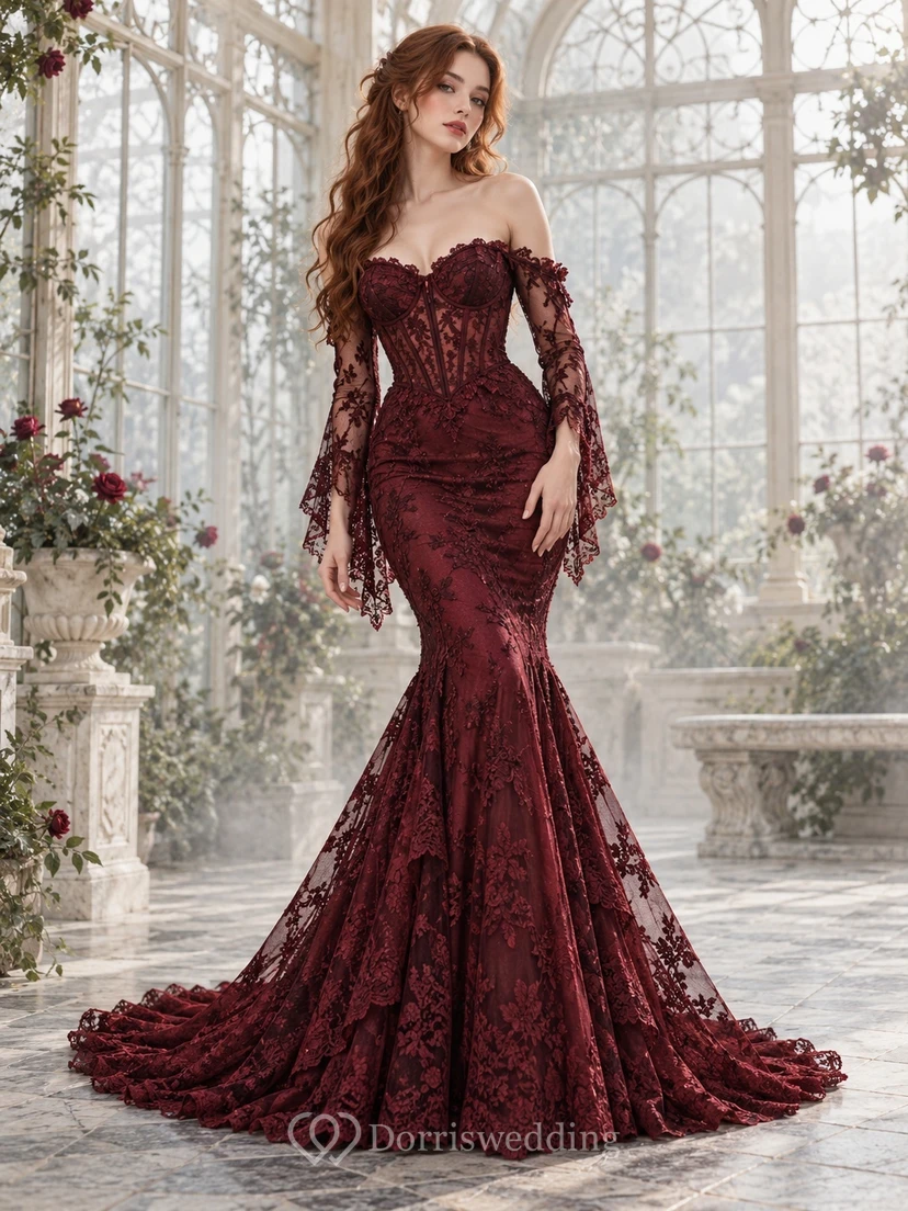 Robe de soirée gothique sirène à épaules dénudées et manches cloche en dentelle bordeaux