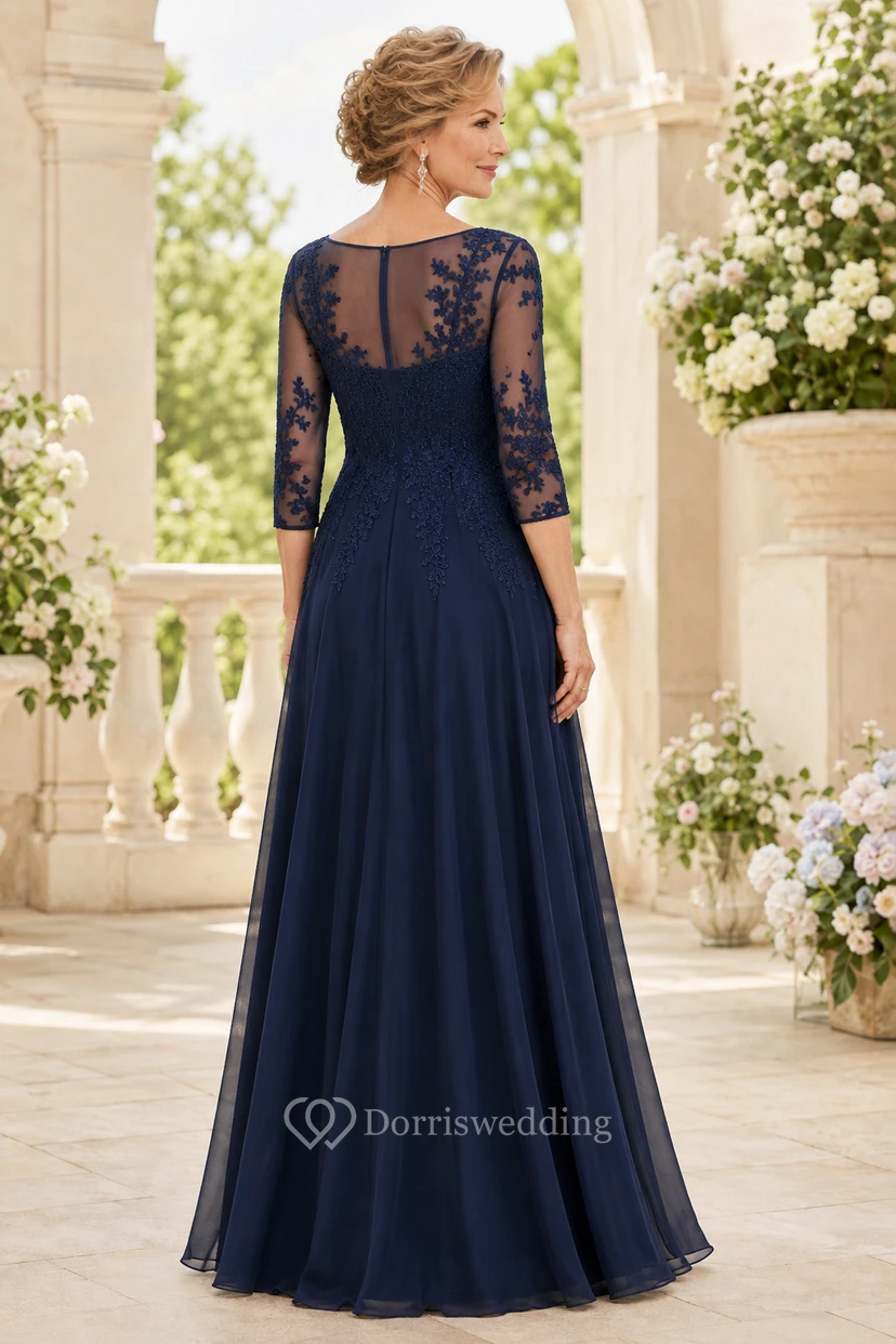 Dunkelblaues A-Linien-Kleid aus Spitze mit Illusionseffekt und Dreiviertelärmeln view 2