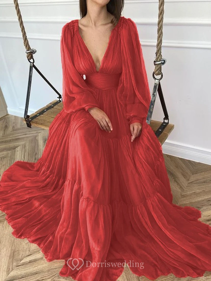 Sexy V-neck Puff Long Sleeve Chiffon Layered Empire Dress view 27